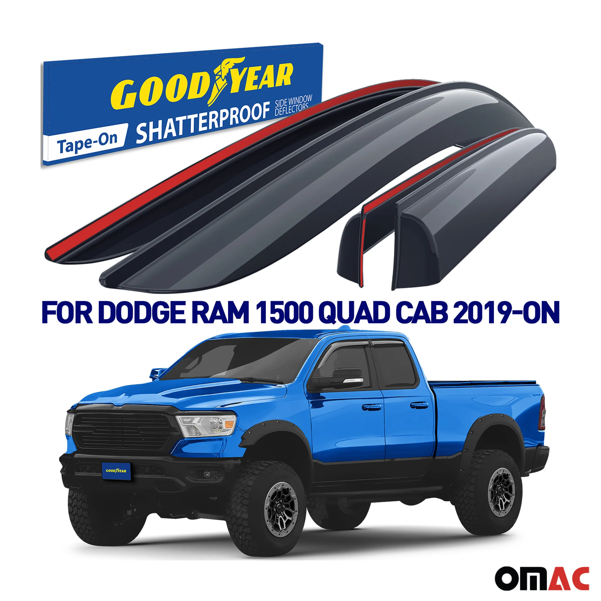 Goodyear Wind Deflectors for Dodge Ram 1500 2019-2025 Quad Cab Tape-On Smoke 4x - Image 2