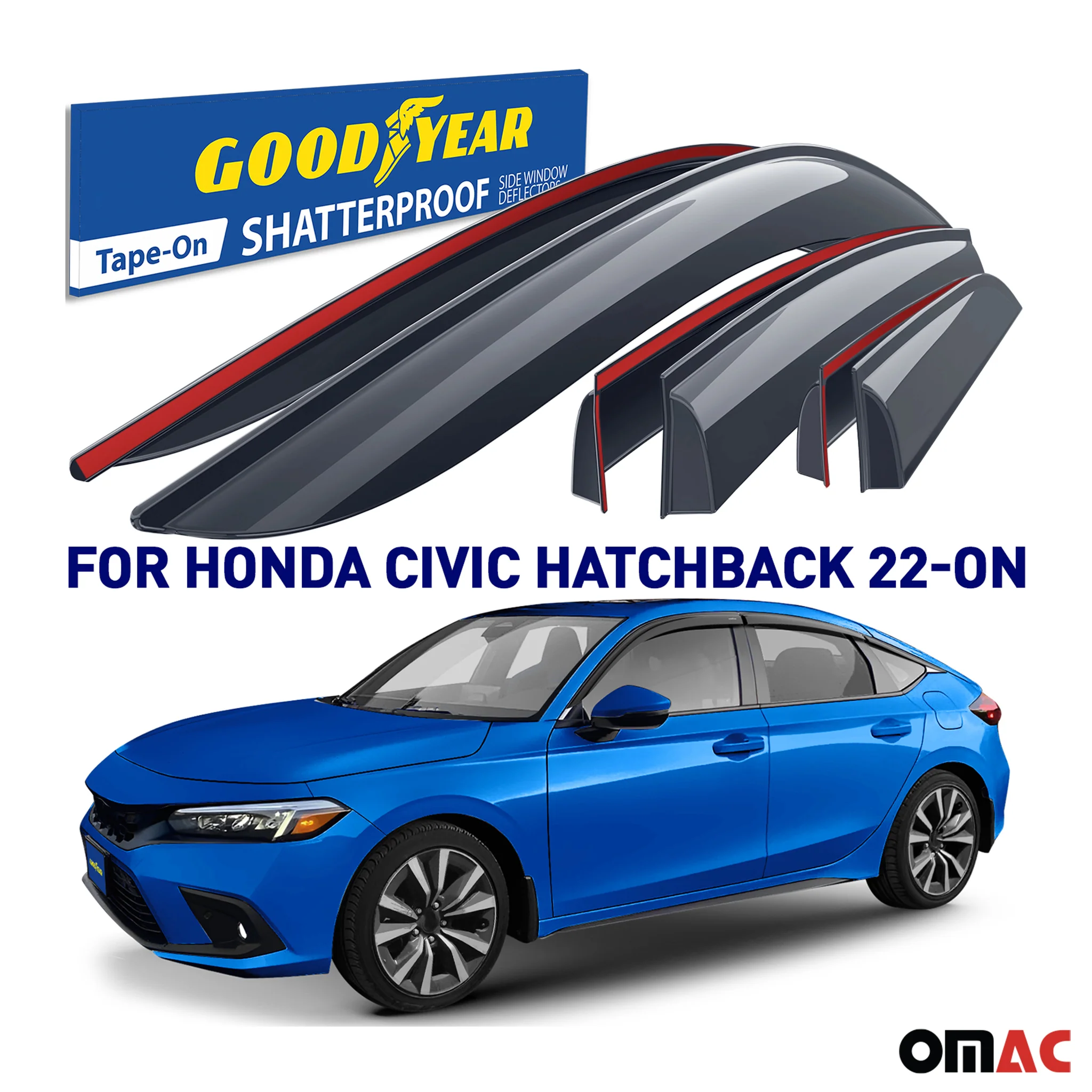 Goodyear Wind Deflectors for Honda Civic 2022-2025 Hatchback Tape-On Smoke 6 pcs - Image 2