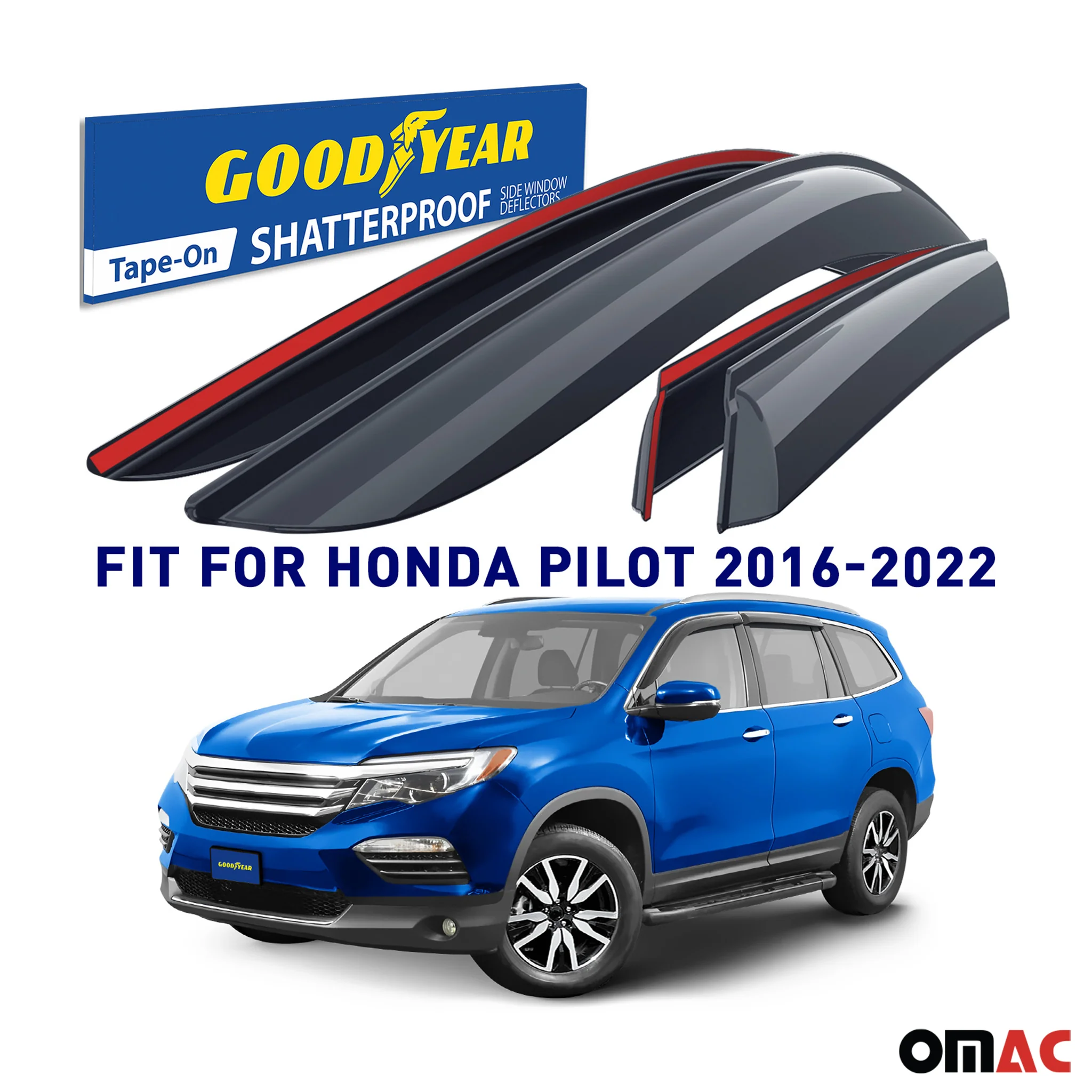 Goodyear Wind Deflectors for Honda Pilot 2016-2022 Tape-On Premium Smoke 4 pcs - Image 2