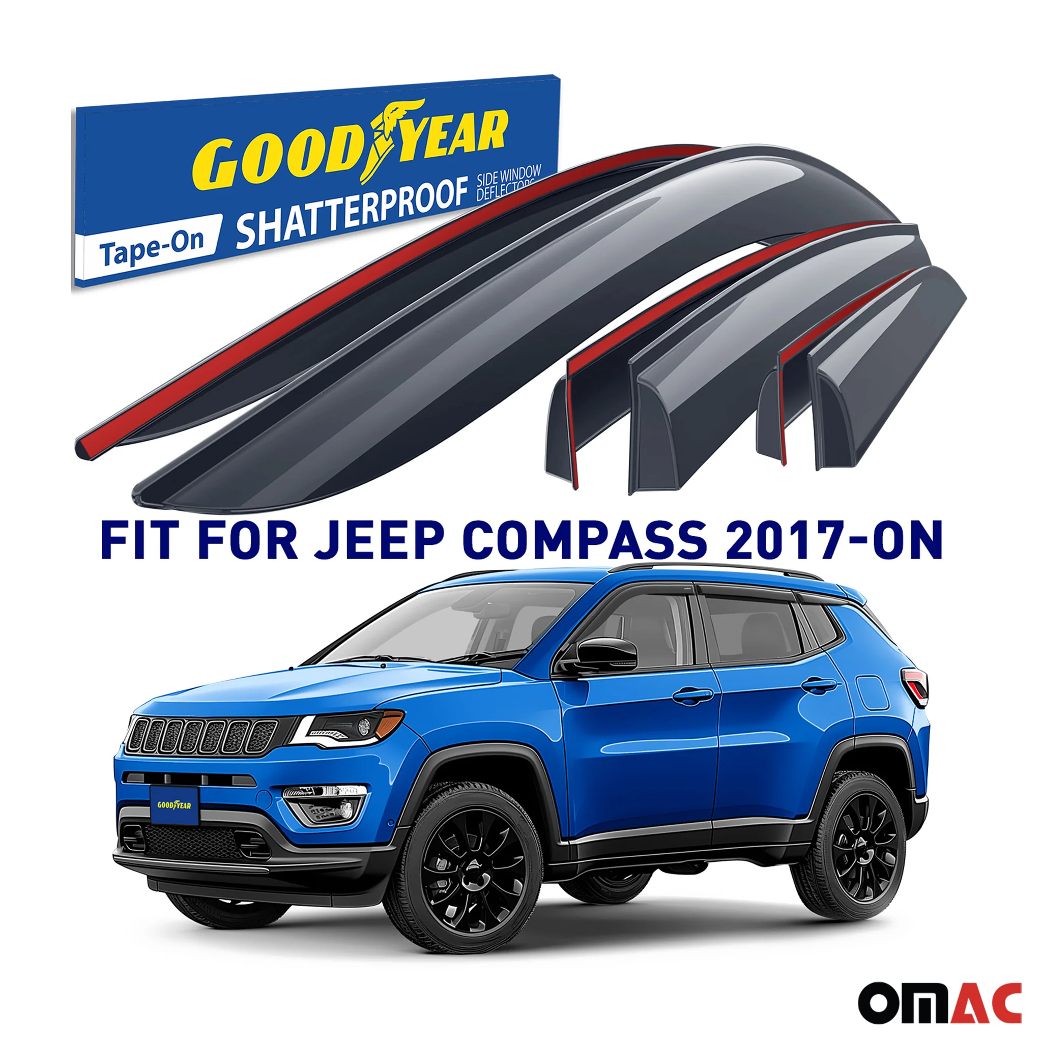 Goodyear Wind Deflectors for Jeep Compass 2017-2025 Tape-On Premium Smoke 6 pcs - Image 2
