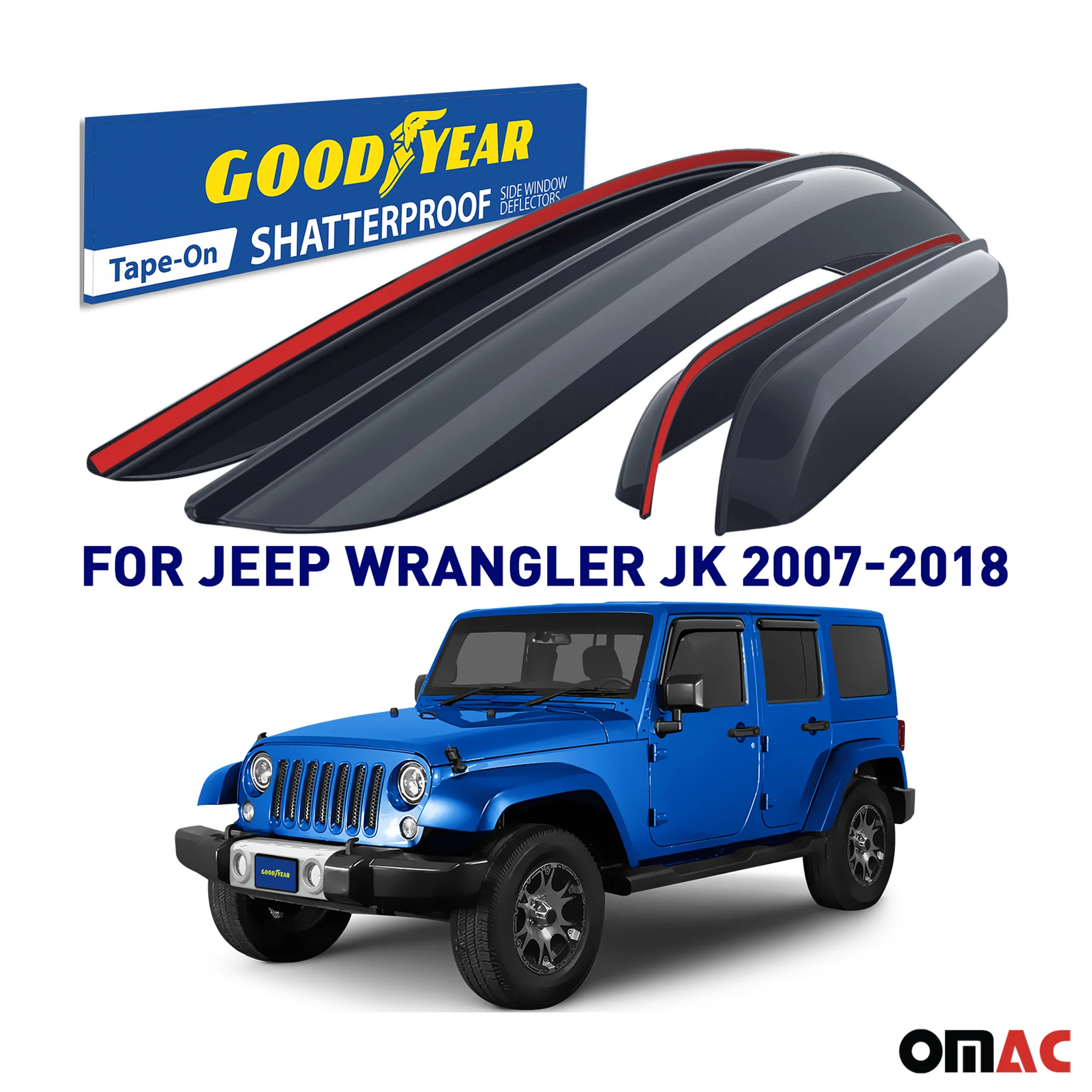 Goodyear Wind Deflectors for Jeep Wrangler JK 2007-2018 Tape-On Premium Smoke 4x - Image 2