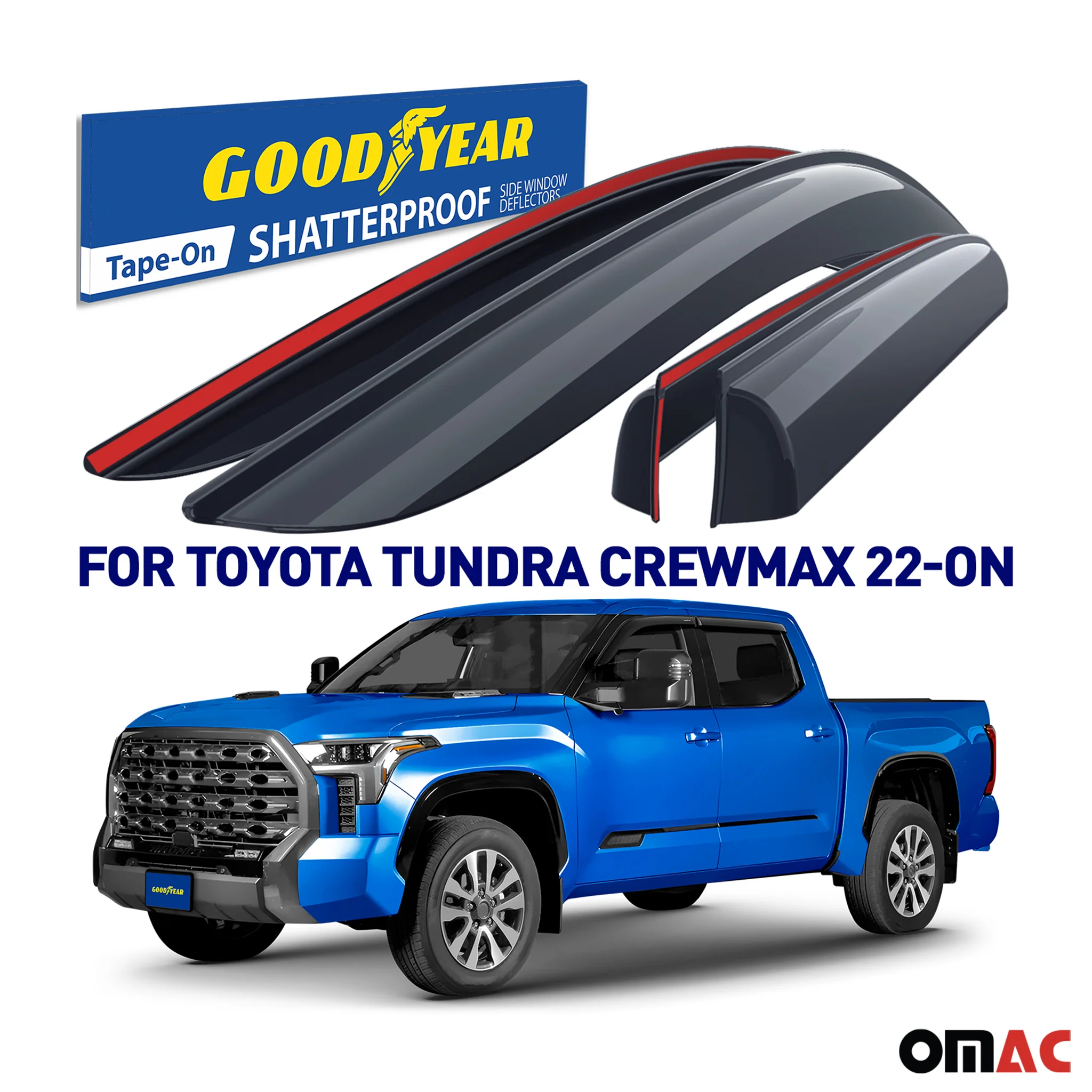 Goodyear Wind Deflectors for Toyota Tundra 2022-2025 CrewMax Tape-On Smoke 4 pcs - Image 2