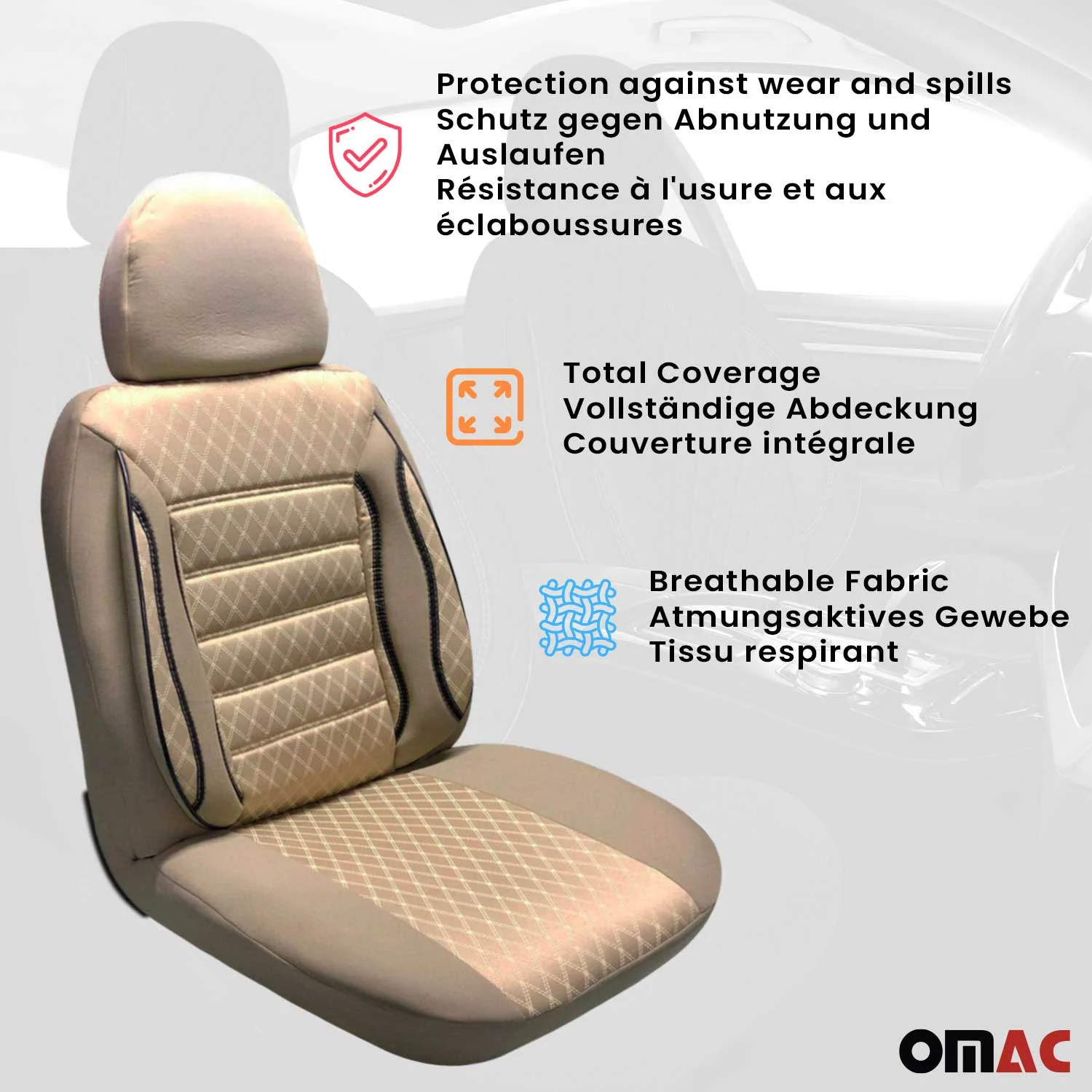 OMAC Universal Semi Custom Front Car Seat Cover Protector Beige Polycotton - Image 3