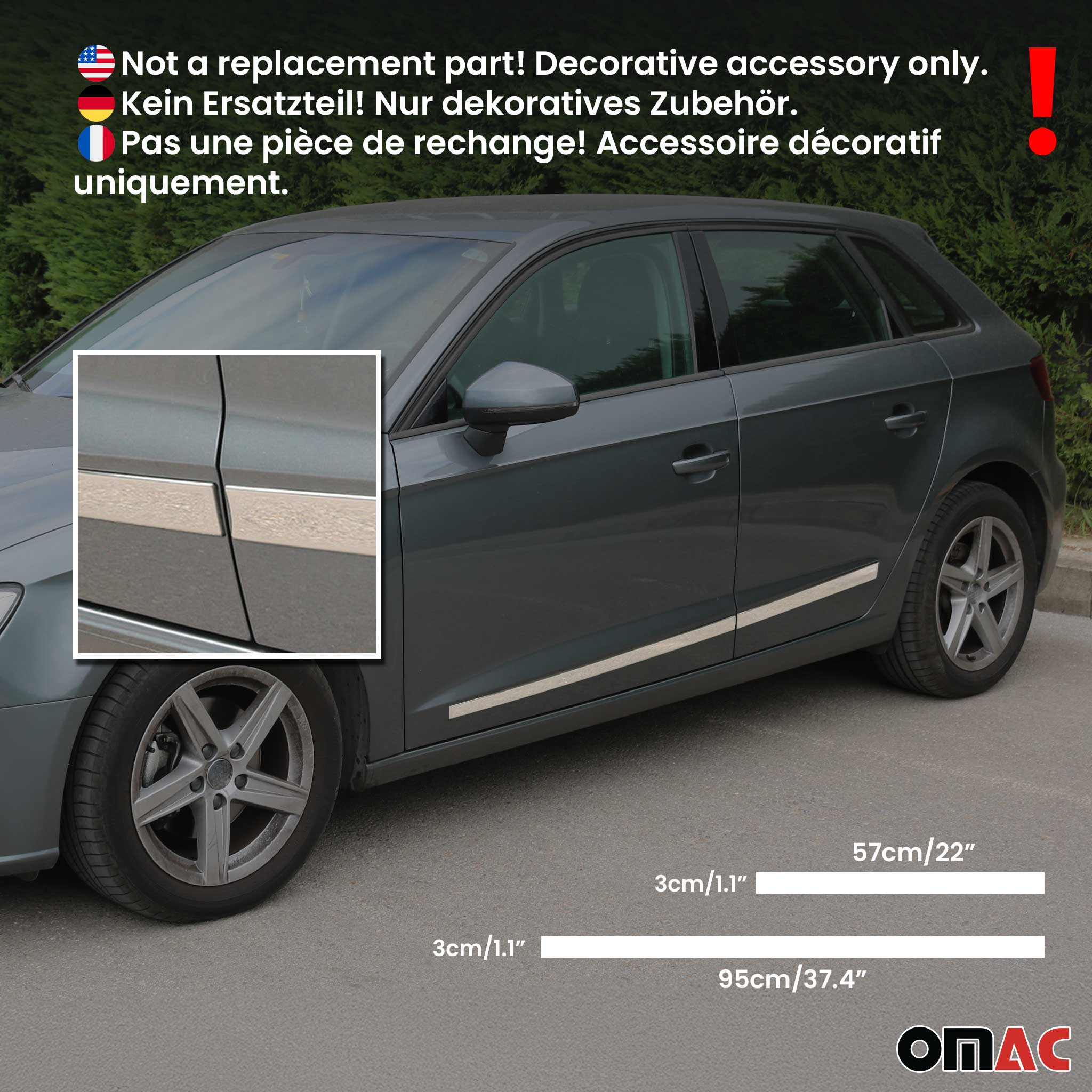 VW Side Door Molding Trim Skirt Garnish Stainless Steel Silver 4 Pcs - Image 3