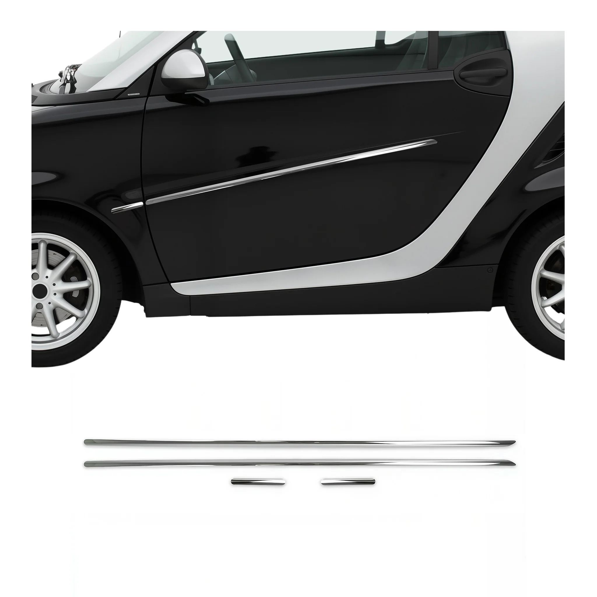 2007-2015 Smart ForTwo Side Door Molding Trim Skirt Garnish Stainless Steel Silver 4Pcs