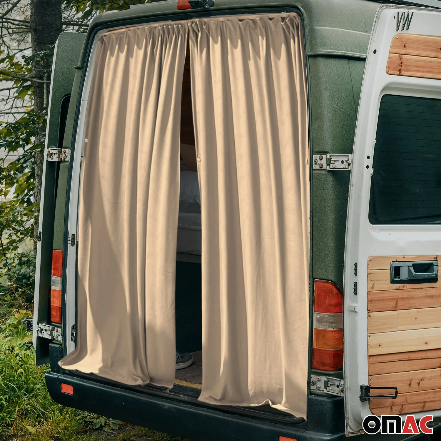 Mercedes Sprinter Trunk Tailgate Curtain Beige 2 Privacy Curtains - Image 2