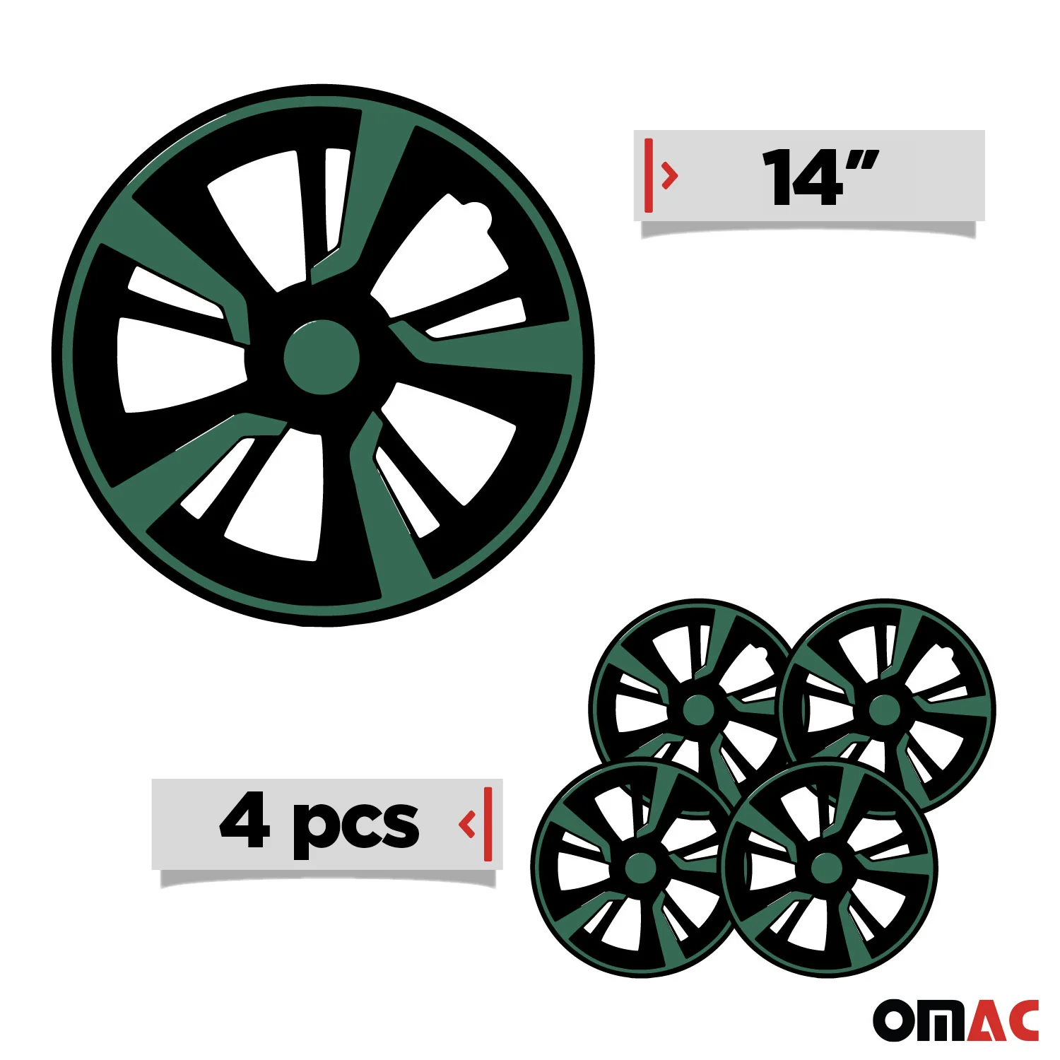 Twintone Hub Caps Wheel Cover 14" Black Matt & Green Insert Full Set 4 pcs. - Image 3