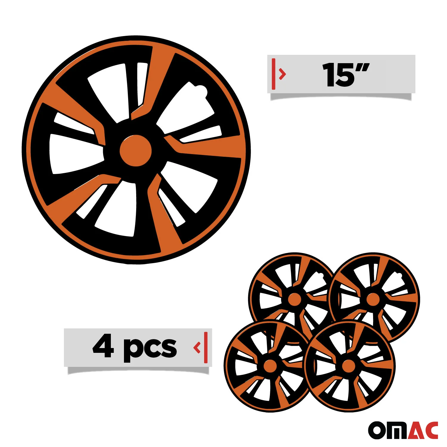 Twintone Hub Caps Wheel Cover 15" Black Matt & Orange Insert Full Set 4 pcs. - Image 3