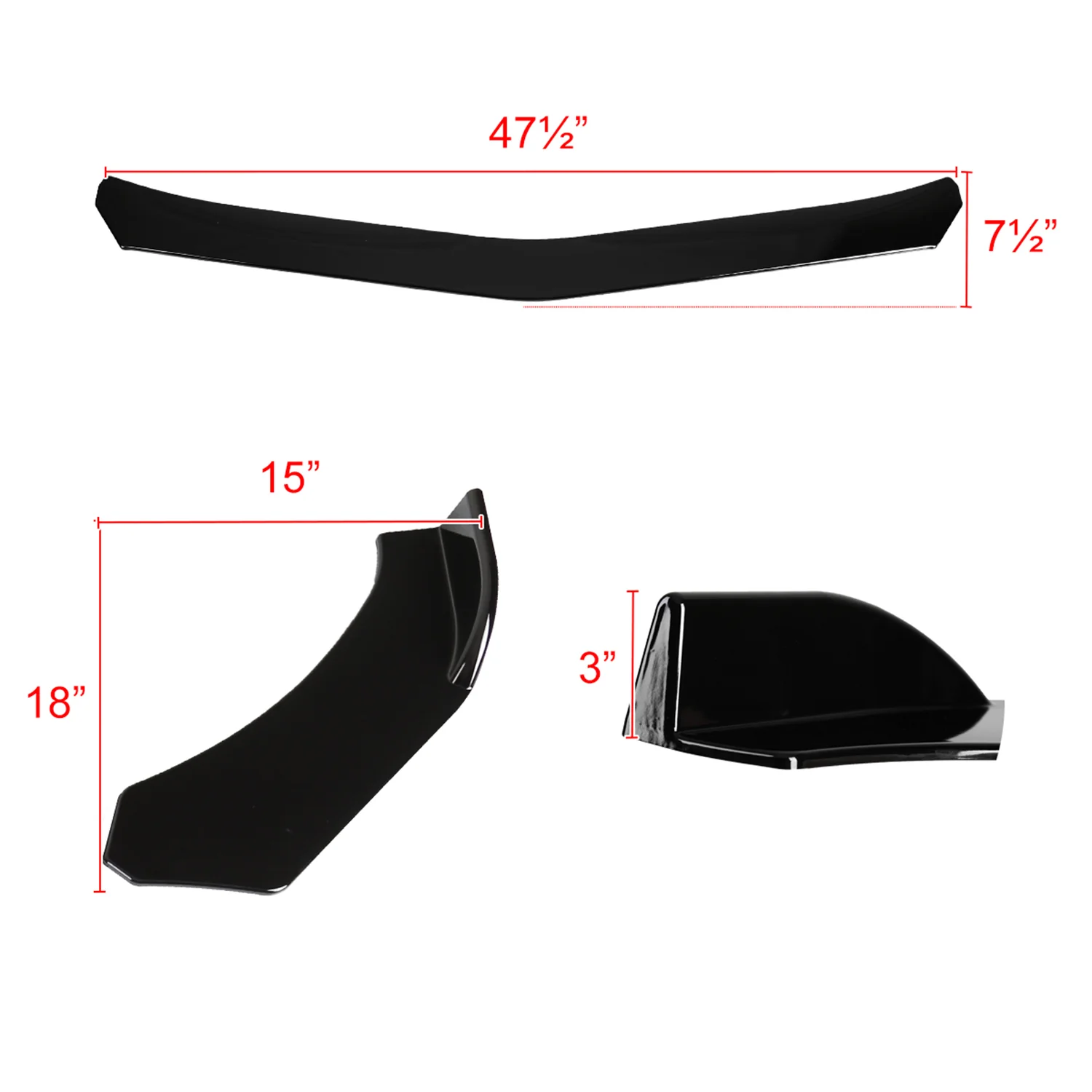 Universal Glossy Black Polypropylene 3Pcs Bumper Lip Spoiler Splitter - Image 2