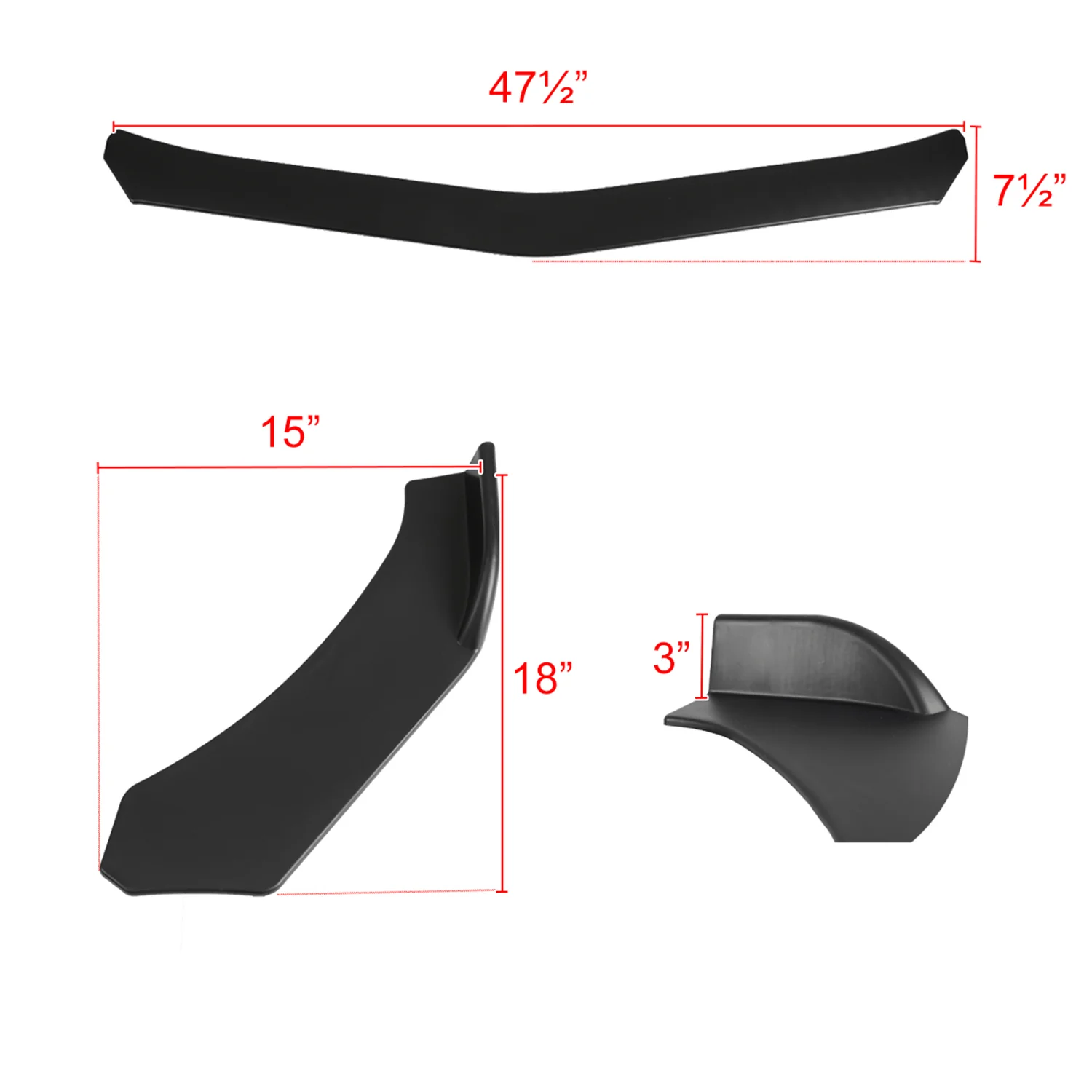 Universal Matte Black Polypropylene 3Pcs Bumper Lip Body Kit Splitter Spoiler - Image 2